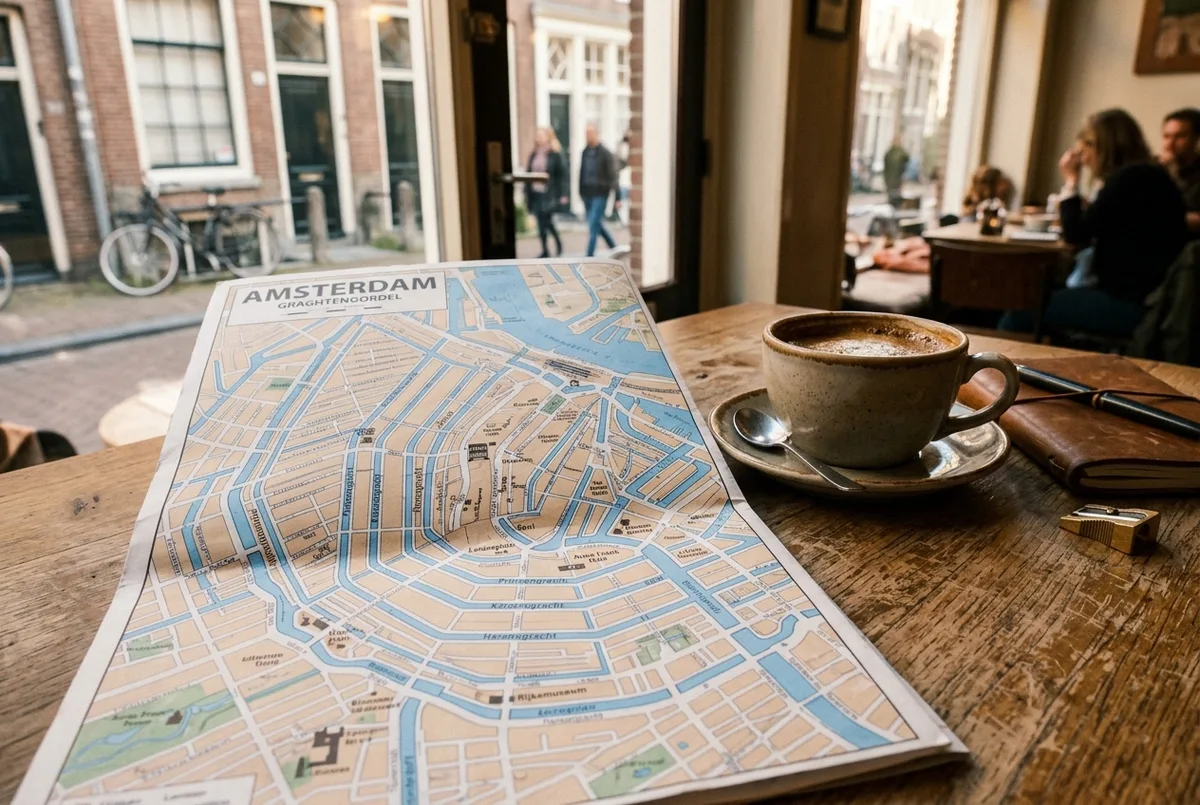 map of amsterdam laid out on a cafe table showing the curved canal ring with a coffee cup beside it, warm daylight