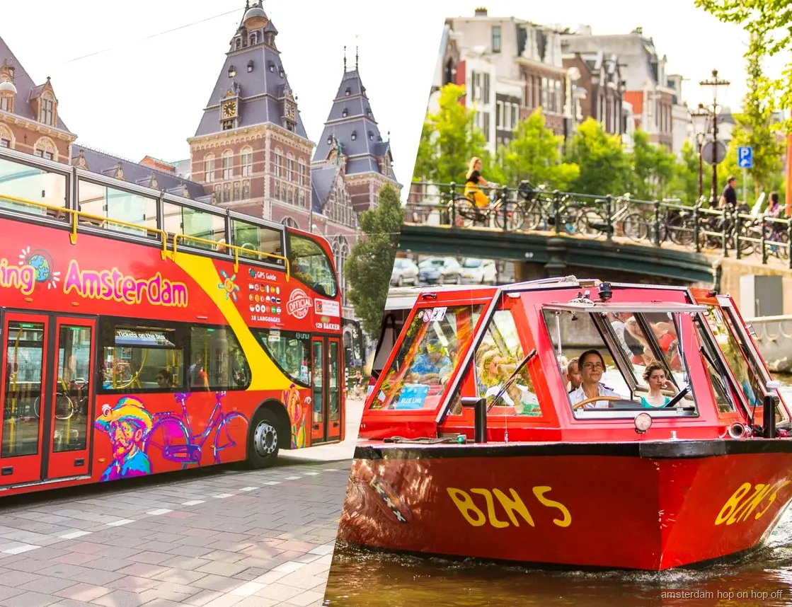 Amsterdam hop-on hop-off bus and boat open-top double-decker at a city stop