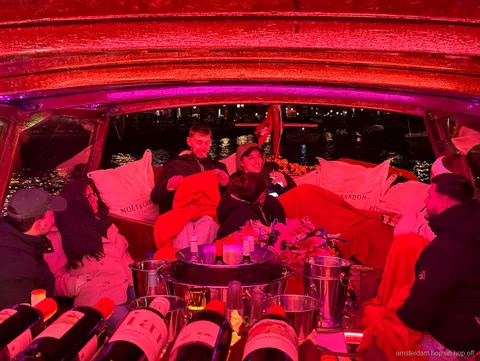 Interior of the discreet Dutch Flower Boat on an Amsterdam canal cruise