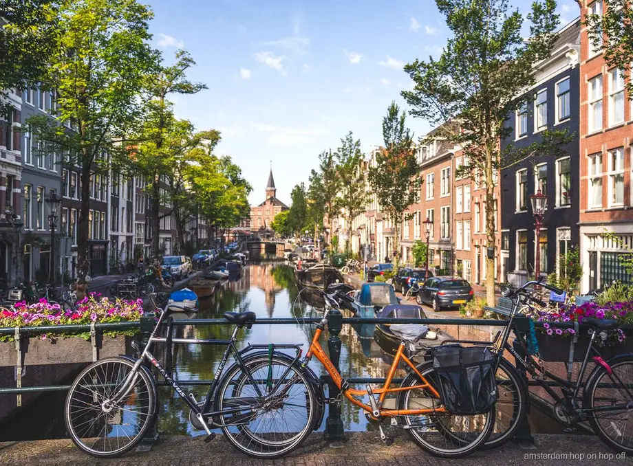 Guide führt eine Amsterdam Stadtführung zu Fuß an Grachtenhäusern vorbei