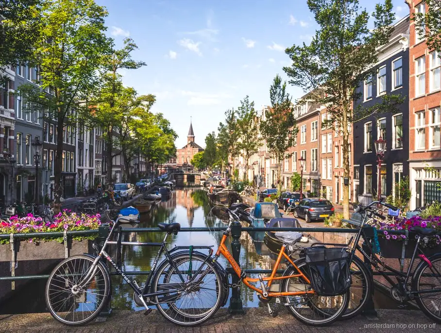 Gids leidt een Amsterdam wandeltour langs grachtenpanden