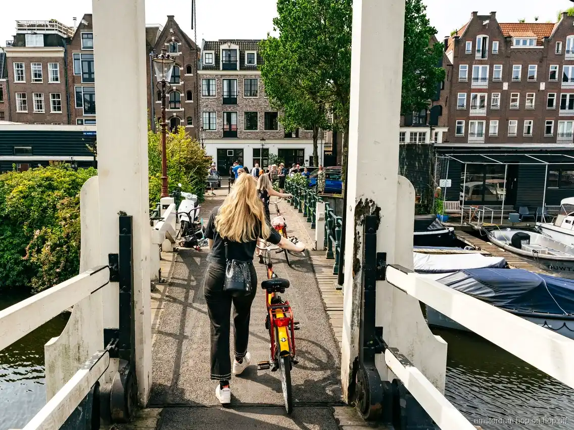 Guided bike group riding through Amsterdam's canal ring